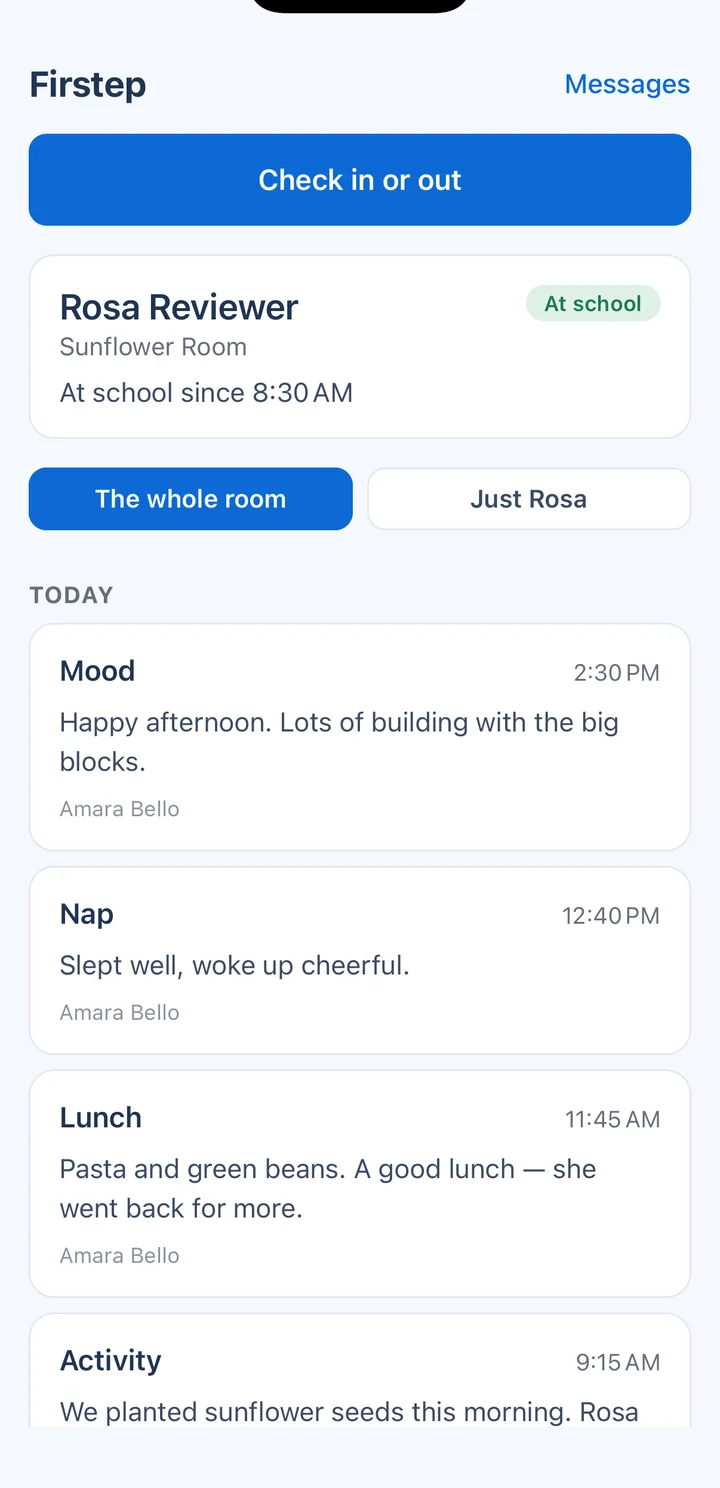 A parent's home screen: their child's day as the room wrote it, newest first.